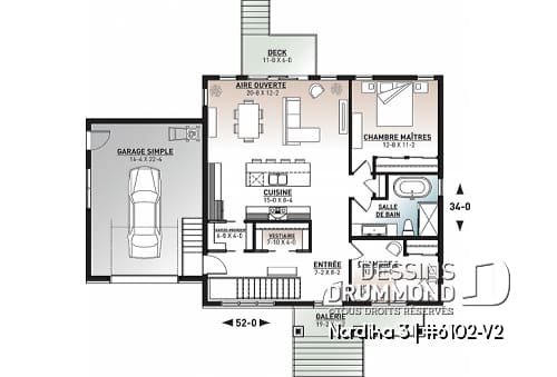 Rez-de-chaussée - Plan de maison plain-pied 2 chambres avec garage simple, garde-manger, aire ouverte, superbe cuisine - Nordika 3