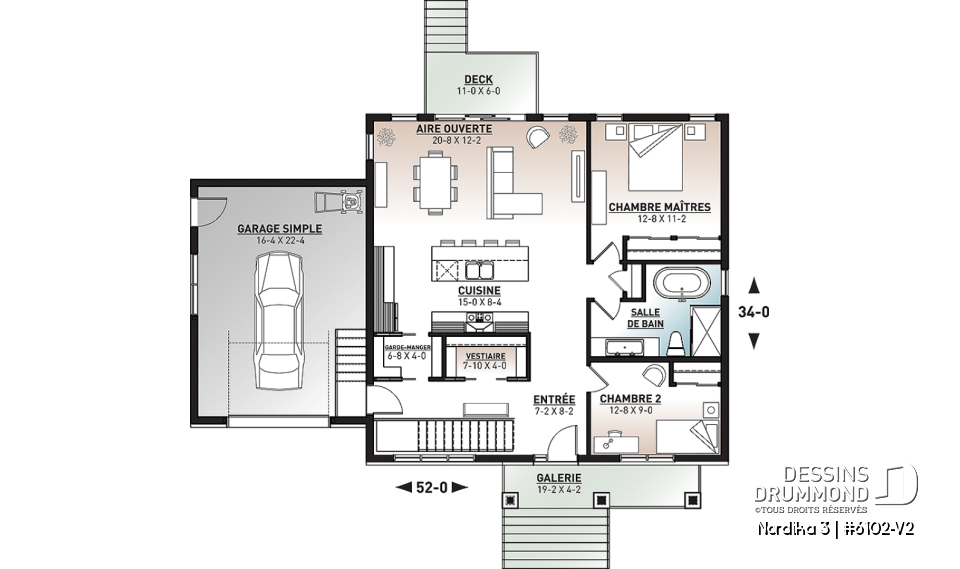 Rez-de-chaussée - Plan de maison plain-pied 2 chambres au même niveau, garage, garde-manger, aire ouverte, superbe cuisine - Nordika 3
