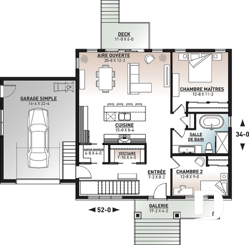 Rez-de-chaussée - Plan de maison plain-pied 2 chambres au même niveau, garage, garde-manger, aire ouverte, superbe cuisine - Nordika 3