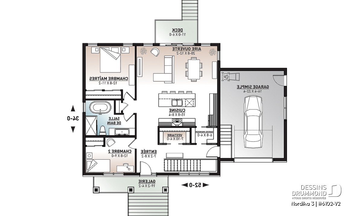 Rez-de-chaussée - Plan de maison plain-pied 2 chambres au même niveau, garage, garde-manger, aire ouverte, superbe cuisine - Nordika 3