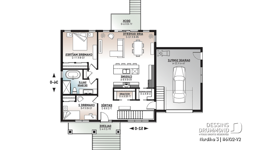 Rez-de-chaussée - Plan de maison plain-pied 2 chambres au même niveau, garage, garde-manger, aire ouverte, superbe cuisine - Nordika 3