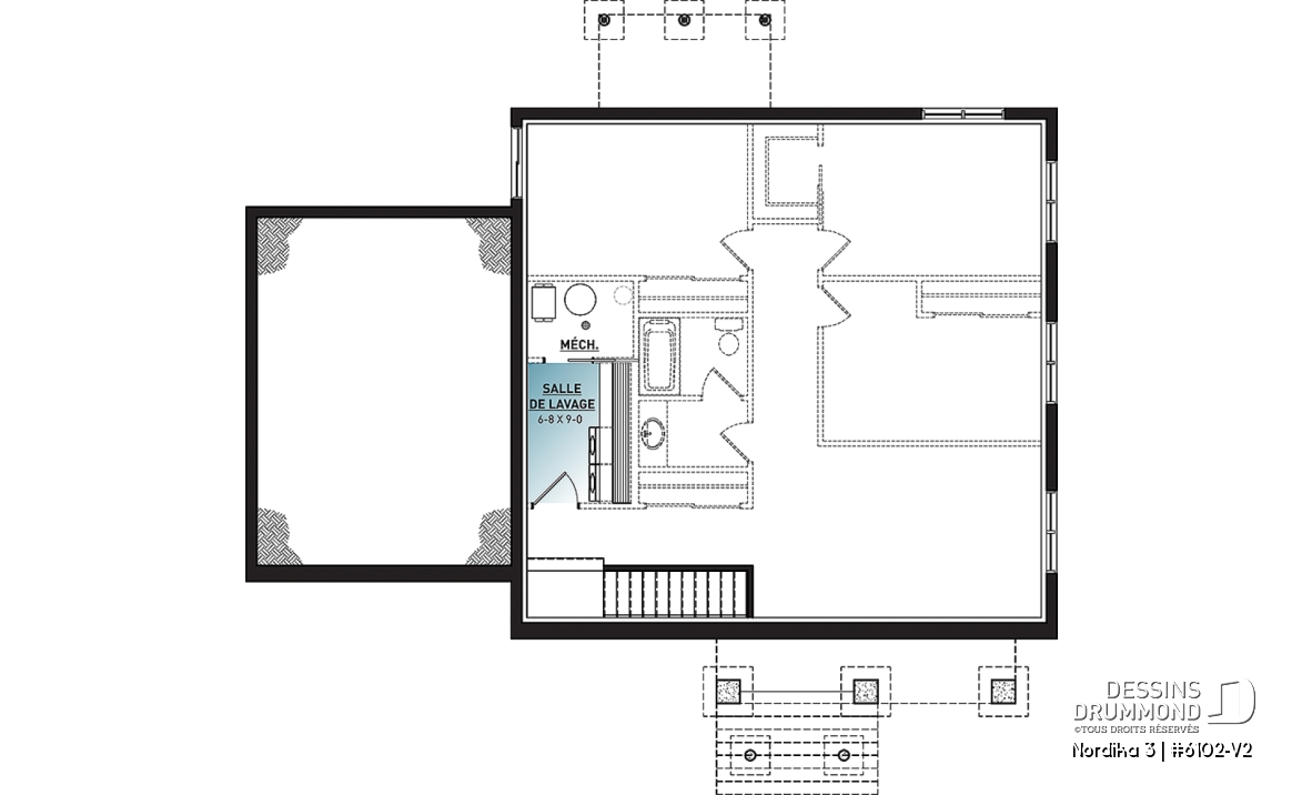 Sous-sol - Plan de maison plain-pied 2 chambres au même niveau, garage, garde-manger, aire ouverte, superbe cuisine - Nordika 3