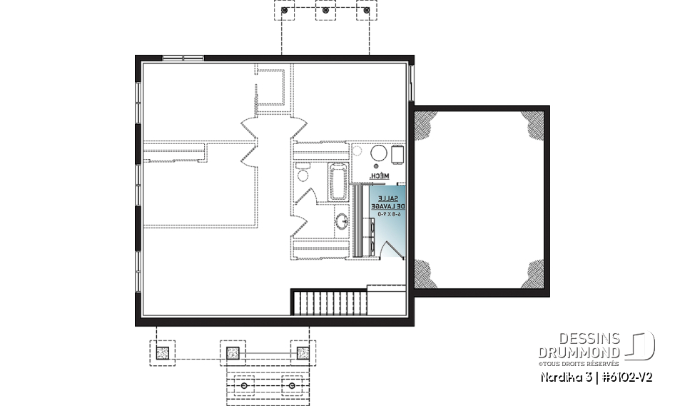 Sous-sol - Plan de maison plain-pied 2 chambres au même niveau, garage, garde-manger, aire ouverte, superbe cuisine - Nordika 3