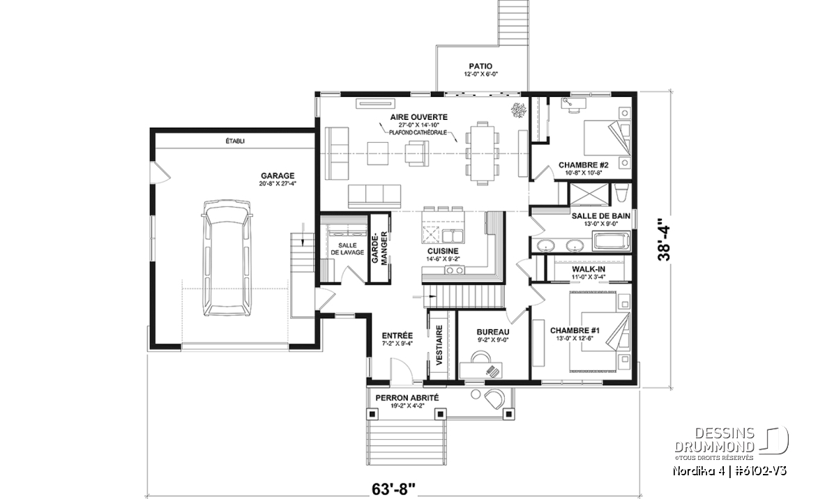 Rez-de-chaussée - Plan de maison nordique Craftsman 3 chambres sur un étage – espace idéal pour famille - Nordika 4