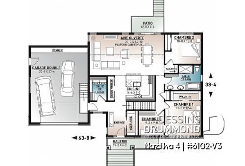 Rez-de-chaussée - Plan maison plain-pied style Craftsman, 3 chambres, garage double, salle de lavage, vestiaire, cathédral - Nordika 4