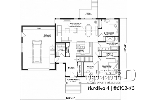 Rez-de-chaussée - Plan maison plain-pied style Craftsman, 3 chambres, garage double, salle de lavage, vestiaire, cathédral - Nordika 4