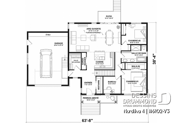 Rez-de-chaussée - Plan maison plain-pied style Craftsman, 3 chambres, garage double, salle de lavage, vestiaire, cathédral - Nordika 4