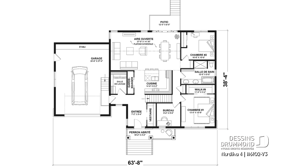Rez-de-chaussée - Plan de maison nordique Craftsman 3 chambres sur un étage – espace idéal pour famille - Nordika 4