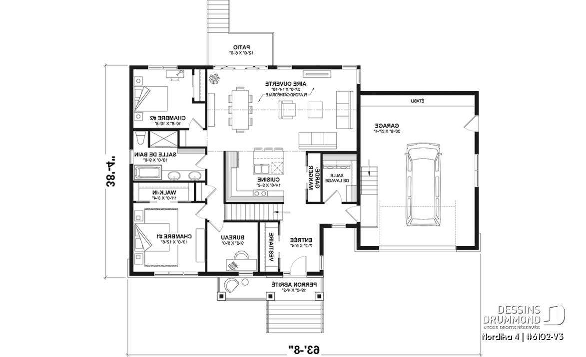 Rez-de-chaussée - Plan de maison nordique Craftsman 3 chambres sur un étage – espace idéal pour famille - Nordika 4