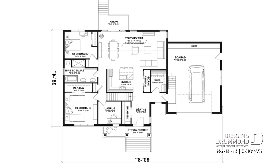 Rez-de-chaussée - Plan de maison nordique Craftsman 3 chambres sur un étage – espace idéal pour famille - Nordika 4