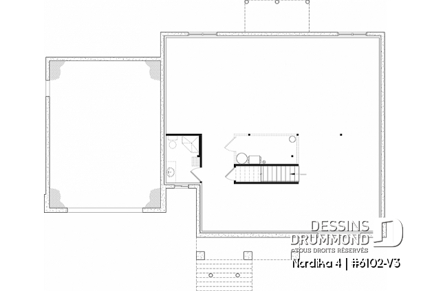 Sous-sol - Plan maison plain-pied style Craftsman, 3 chambres, garage double, salle de lavage, vestiaire, cathédral - Nordika 4