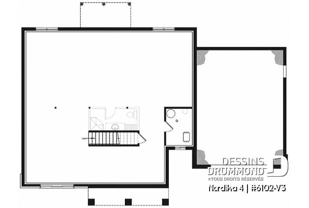 Sous-sol - Plan maison plain-pied style Craftsman, 3 chambres, garage double, salle de lavage, vestiaire, cathédral - Nordika 4