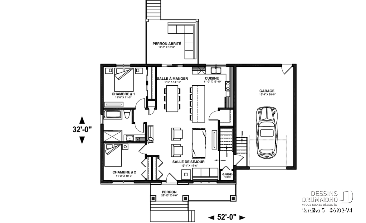 Rez-de-chaussée - Plan de maison Crafsman 2 chambres, garage, aire ouverte, garde-manger, chute à linge - Nordika 5