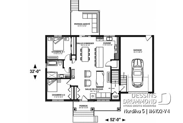 Rez-de-chaussée - Plan de maison Crafsman 2 chambres, garage, aire ouverte, garde-manger, chute à linge - Nordika 5