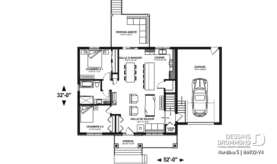 Rez-de-chaussée - Plan de maison Crafsman 2 chambres, garage, aire ouverte, garde-manger, chute à linge - Nordika 5