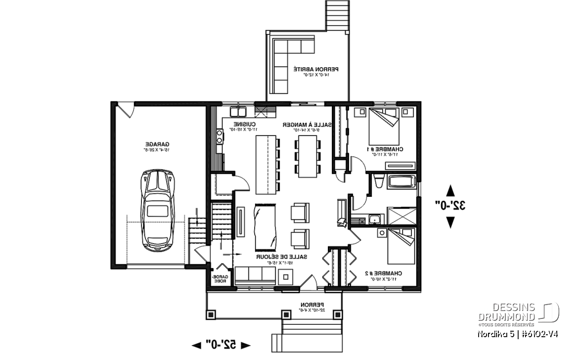 Rez-de-chaussée - Plan de maison Crafsman 2 chambres, garage, aire ouverte, garde-manger, chute à linge - Nordika 5