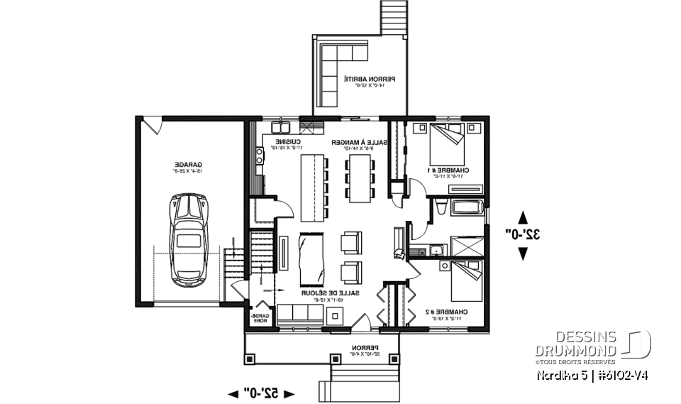 Rez-de-chaussée - Plan de maison Crafsman 2 chambres, garage, aire ouverte, garde-manger, chute à linge - Nordika 5