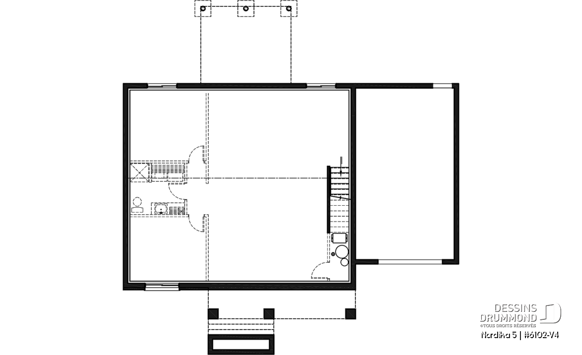Sous-sol aménageable - Plan de maison Crafsman 2 chambres, garage, aire ouverte, garde-manger, chute à linge - Nordika 5