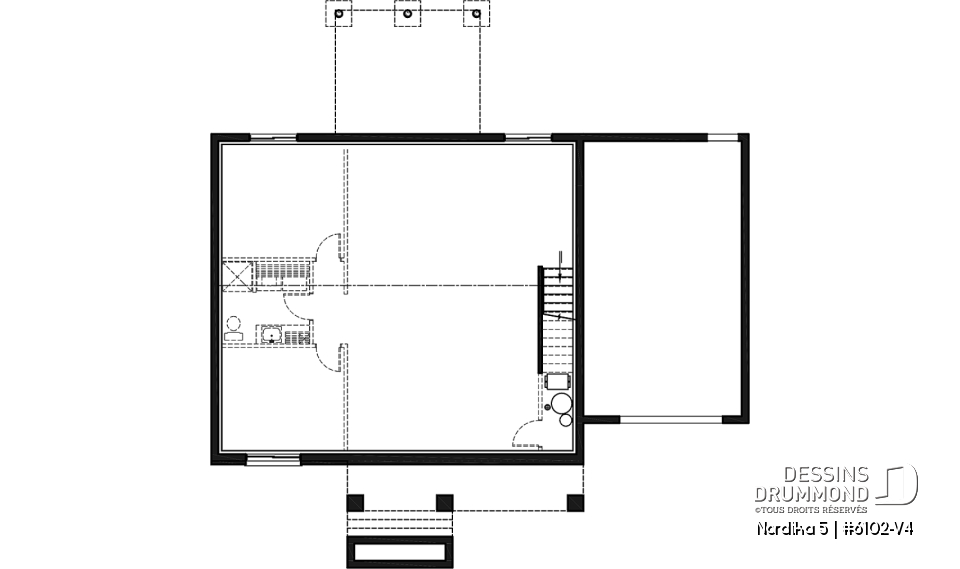 Sous-sol aménageable - Plan de maison Crafsman 2 chambres, garage, aire ouverte, garde-manger, chute à linge - Nordika 5