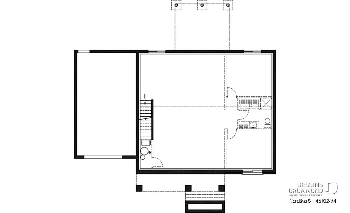 Sous-sol aménageable - Plan de maison Crafsman 2 chambres, garage, aire ouverte, garde-manger, chute à linge - Nordika 5