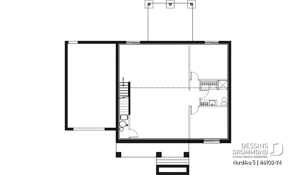 Sous-sol aménageable - Plan de maison Crafsman 2 chambres, garage, aire ouverte, garde-manger, chute à linge - Nordika 5