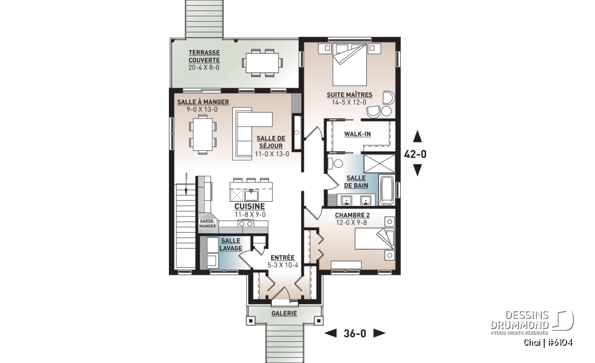 Rez-de-chaussée - Plan de maison 2 chambres, îlot, buanderie au rez-de-chaussée, beaucoup de rangement, foyer - Chai