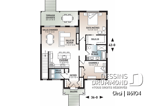 Rez-de-chaussée - Plan de maison 2 chambres, îlot, buanderie au rez-de-chaussée, beaucoup de rangement, foyer - Chai