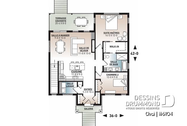 Rez-de-chaussée - Plan de maison 2 chambres, îlot, buanderie au rez-de-chaussée, beaucoup de rangement, foyer - Chai