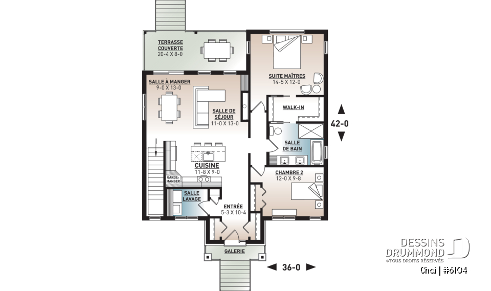 Rez-de-chaussée - Plan de maison 2 chambres, îlot, buanderie au rez-de-chaussée, beaucoup de rangement, foyer - Chai