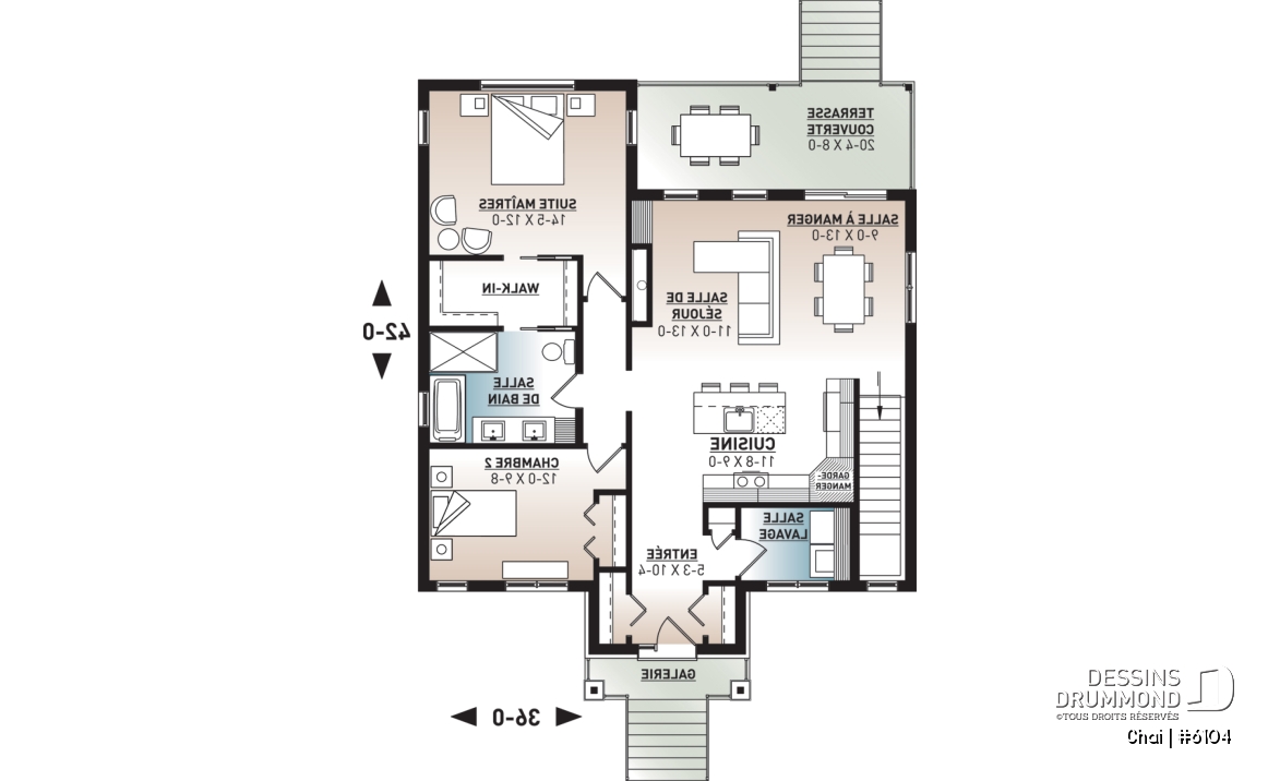 Rez-de-chaussée - Plan de maison 2 chambres, îlot, buanderie au rez-de-chaussée, beaucoup de rangement, foyer - Chai