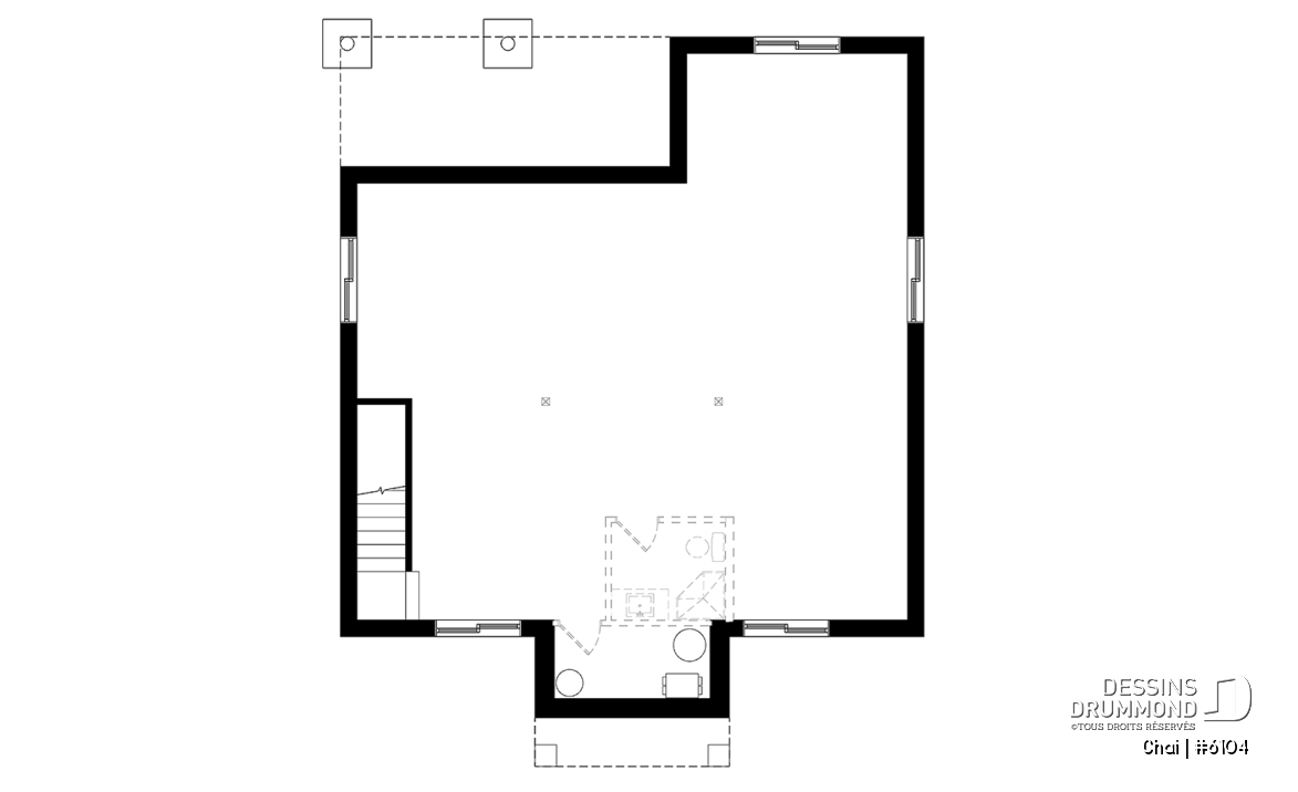 Sous-sol aménageable - Plan de maison 2 chambres, îlot, buanderie au rez-de-chaussée, beaucoup de rangement, foyer - Chai