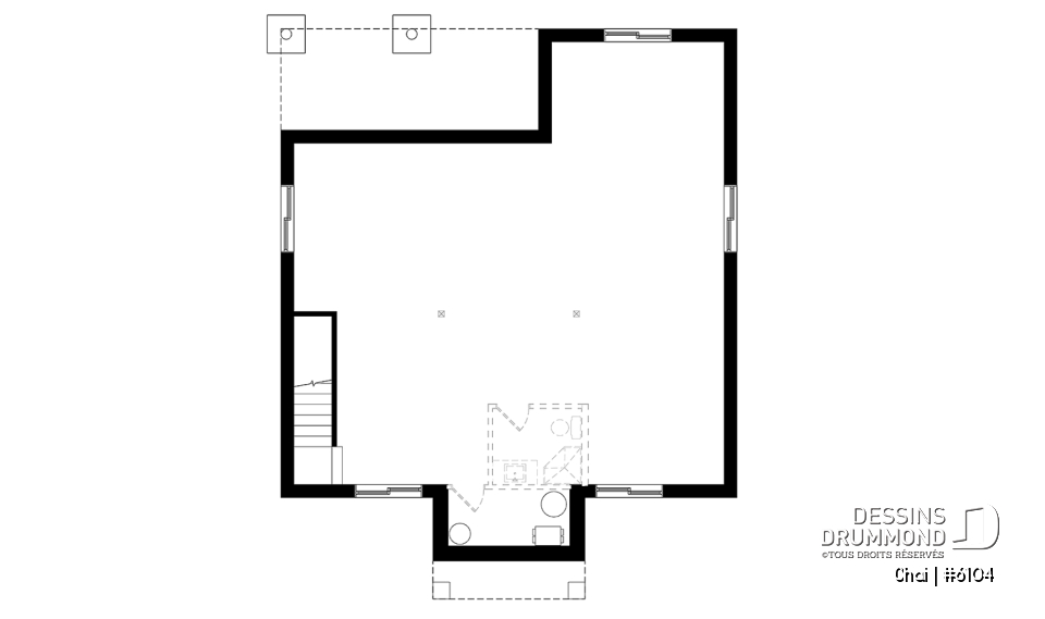 Sous-sol aménageable - Plan de maison 2 chambres, îlot, buanderie au rez-de-chaussée, beaucoup de rangement, foyer - Chai