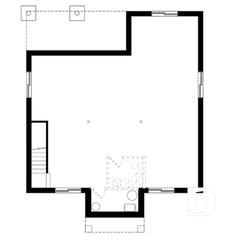 Sous-sol aménageable - Plan de maison 2 chambres, îlot, buanderie au rez-de-chaussée, beaucoup de rangement, foyer - Chai