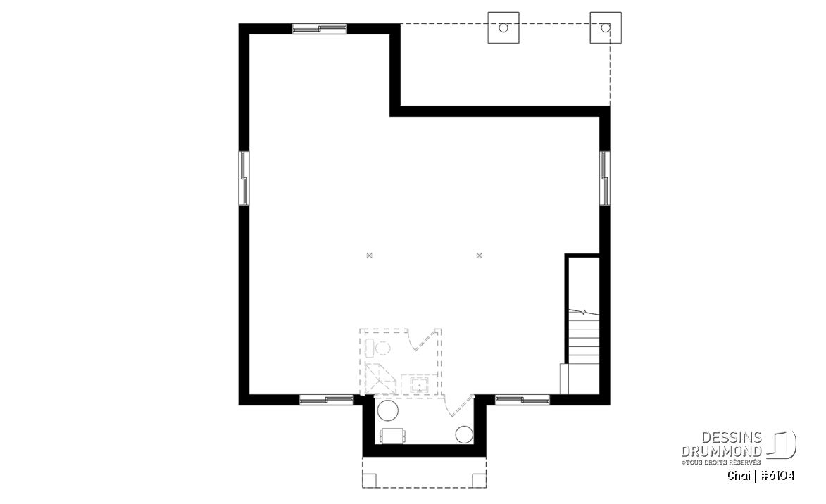 Sous-sol aménageable - Plan de maison 2 chambres, îlot, buanderie au rez-de-chaussée, beaucoup de rangement, foyer - Chai