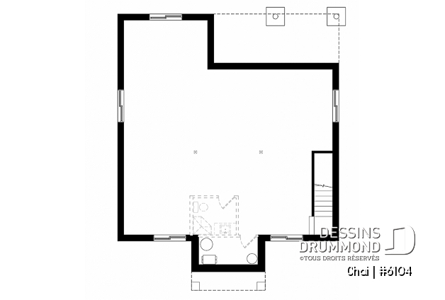 Sous-sol aménageable - Plan de maison 2 chambres, îlot, buanderie au rez-de-chaussée, beaucoup de rangement, foyer - Chai