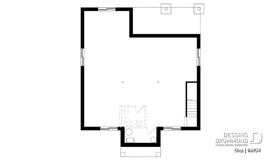 Sous-sol aménageable - Plan de maison 2 chambres, îlot, buanderie au rez-de-chaussée, beaucoup de rangement, foyer - Chai