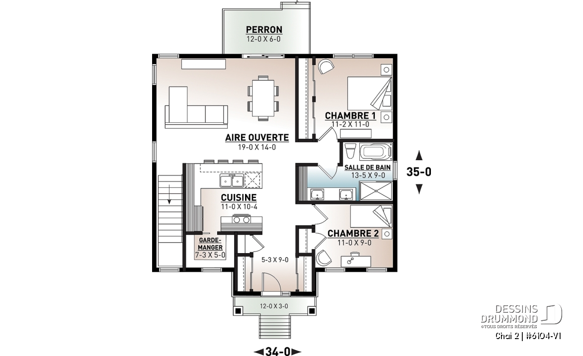 Rez-de-chaussée - Plan de plain-pied 2 chambres, économique, cuisine avec grand garde-manger, 2 garde-robes à l'entrée - Chai 2