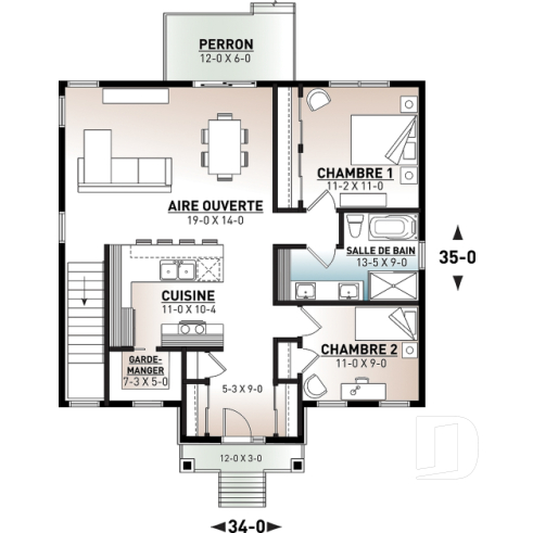 Rez-de-chaussée - Plan de plain-pied 2 chambres, économique, cuisine avec grand garde-manger, 2 garde-robes à l'entrée - Chai 2