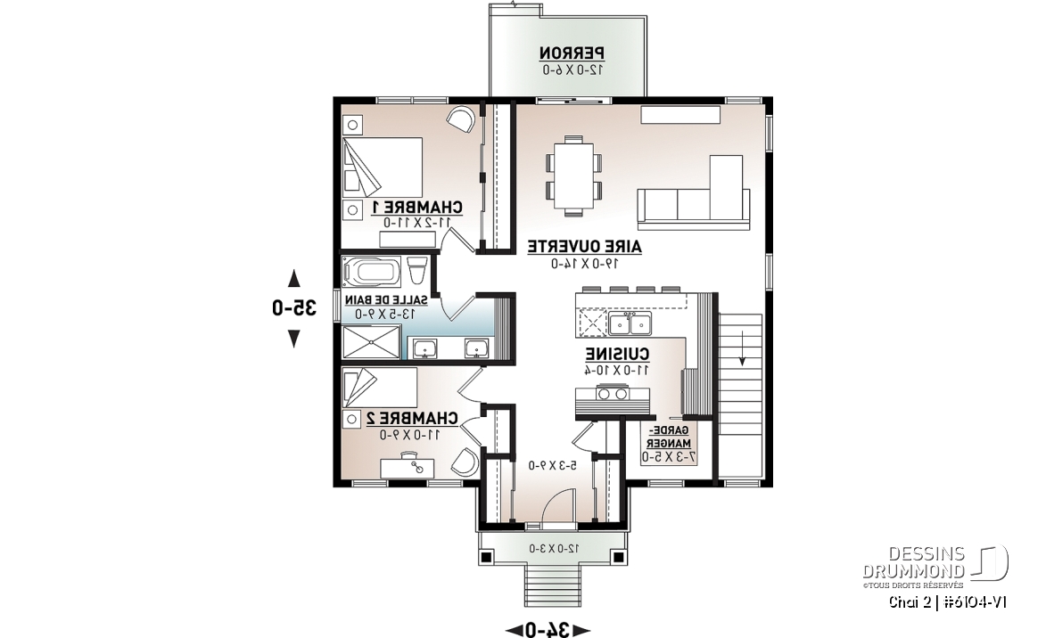 Rez-de-chaussée - Plan de plain-pied 2 chambres, économique, cuisine avec grand garde-manger, 2 garde-robes à l'entrée - Chai 2