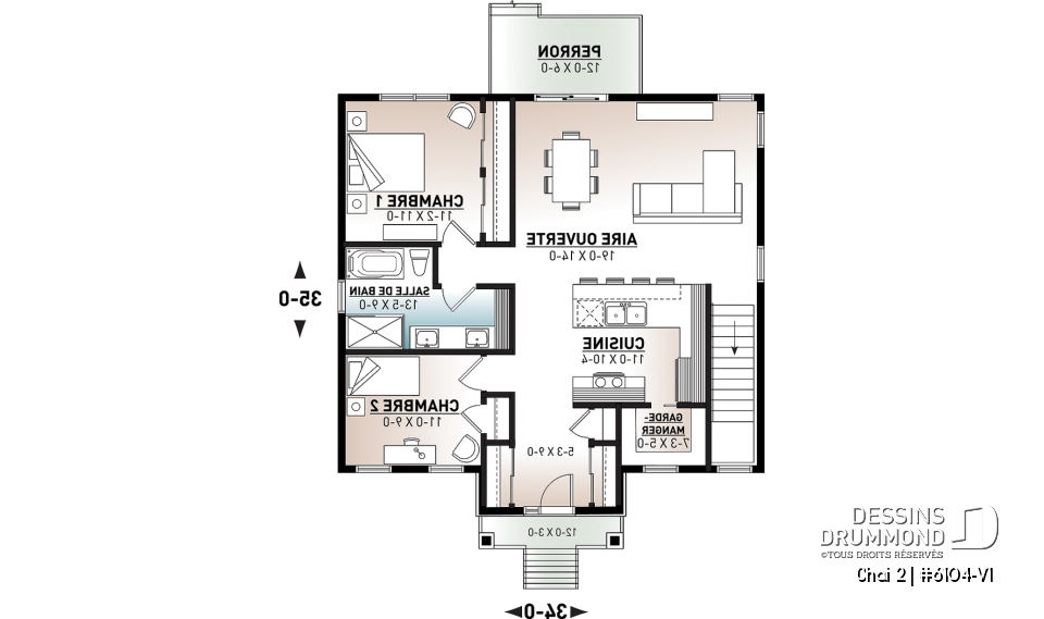 Rez-de-chaussée - Plan de plain-pied 2 chambres, économique, cuisine avec grand garde-manger, 2 garde-robes à l'entrée - Chai 2