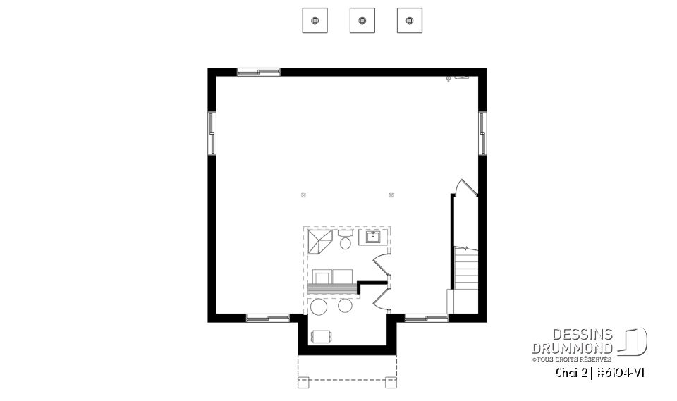 Sous-sol - Plan de plain-pied 2 chambres, économique, cuisine avec grand garde-manger, 2 garde-robes à l'entrée - Chai 2