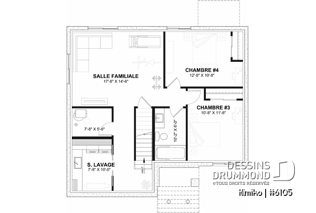 Sous-sol aménagé - Plain-pied abordable avec fondation sortie de terre, 2 chambres, champêtre, cuisine avec ilôt et garde-manger - Kimiko