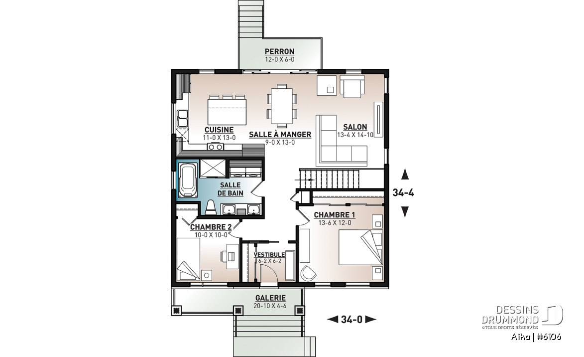 Rez-de-chaussée - Plan de plain-pied 2 chambres contemporain, cuisine et salon à l'arrière de la maison, belle fenestration - Aïka