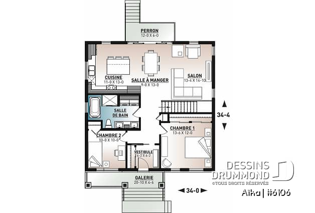 Rez-de-chaussée - Plan de plain-pied 2 chambres contemporain, cuisine et salon à l'arrière de la maison, belle fenestration - Aïka