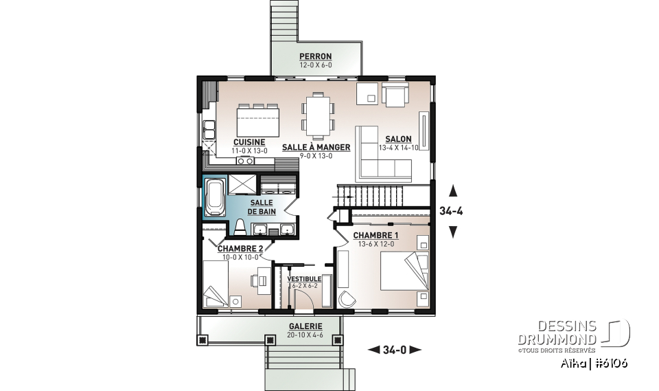 Rez-de-chaussée - Plan de plain-pied 2 chambres contemporain, cuisine et salon à l'arrière de la maison, belle fenestration - Aïka