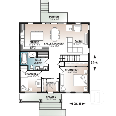 Rez-de-chaussée - Plan de plain-pied 2 chambres contemporain, cuisine et salon à l'arrière de la maison, belle fenestration - Aïka