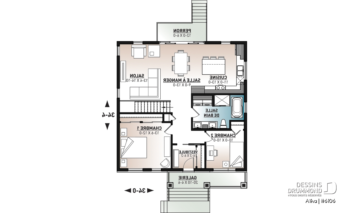 Rez-de-chaussée - Plan de plain-pied 2 chambres contemporain, cuisine et salon à l'arrière de la maison, belle fenestration - Aïka
