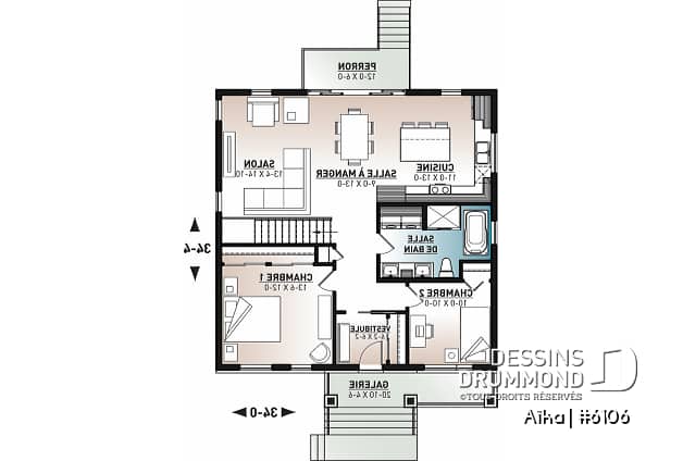 Rez-de-chaussée - Plan de plain-pied 2 chambres contemporain, cuisine et salon à l'arrière de la maison, belle fenestration - Aïka