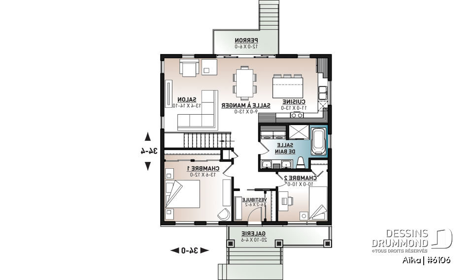 Rez-de-chaussée - Plan de plain-pied 2 chambres contemporain, cuisine et salon à l'arrière de la maison, belle fenestration - Aïka
