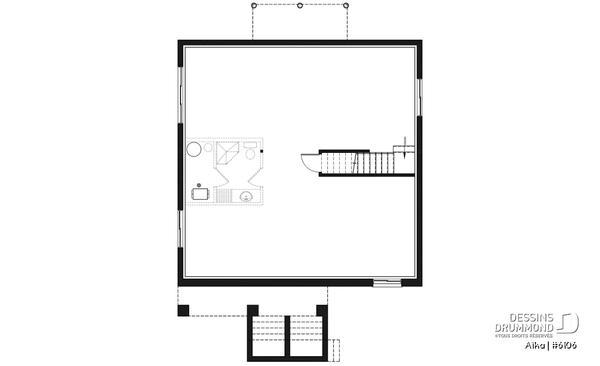 Sous-sol - Plan de plain-pied 2 chambres contemporain, cuisine et salon à l'arrière de la maison, belle fenestration - Aïka